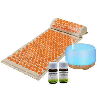 Tiefenentspannungs-Set Deluxe: Akupressurmatte + Diffuser & Bio-Öle