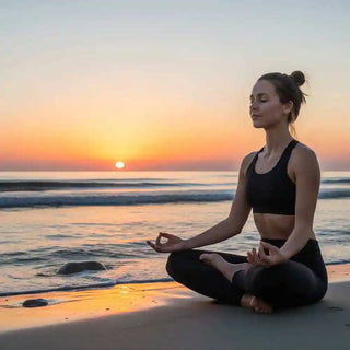 Persona che medita su una spiaggia tranquilla all'alba, a simboleggiare l'equilibrio e l'energia del mare.