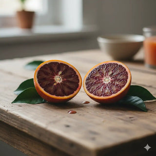 Due metà di un'arancia rossa appoggiate su un tagliere di legno, con sfondo di cucina sfocato.