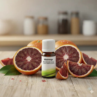 Primo piano di arance rosse tagliate a metà e a fette su un tavolo di legno in una cucina.