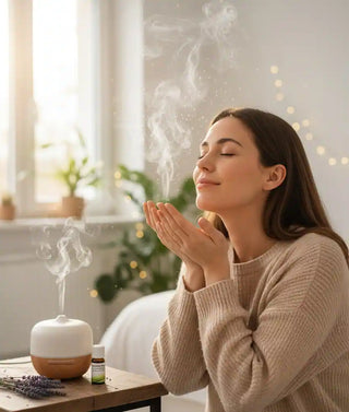 Donna che si rilassa inalando il profumo da un diffusore di aromi