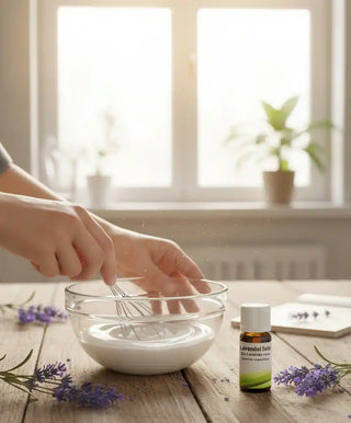 Mani che preparano cosmetici naturali fai-da-te con olio di lavanda.