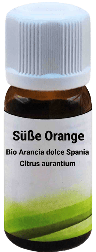 Una bottiglietta di vetro marrone con tappo a vite bianco, etichettata con "Bio Arancia dolce Spania - Citrus aurantium 10 ml". L'etichetta mostra un design minimalista verde.