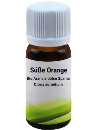Una bottiglietta di vetro marrone con tappo a vite bianco, etichettata con "Bio Arancia dolce Spania - Citrus aurantium 10 ml". L'etichetta mostra un design minimalista verde.