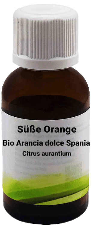Una bottiglietta di vetro marrone con tappo a vite bianco, etichettata con "Bio Arancia dolce Spania - Citrus aurantium 30 ml". L'etichetta mostra un design minimalista verde.