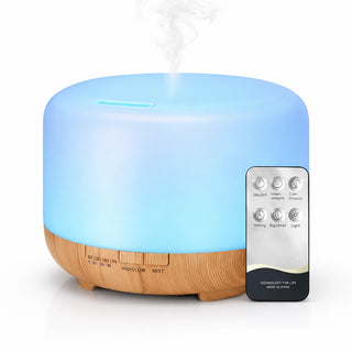 iffusore di aromi a ultrasuoni Viworo da 500ml con effetto legno, luce LED blu accesa e telecomando per il controllo a distanza.