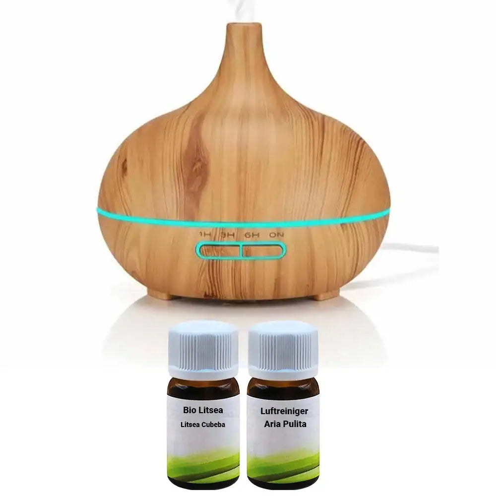 Il set completo del diffusore con olio di Litsea Bio e la miscela 'Aria Pulita'.