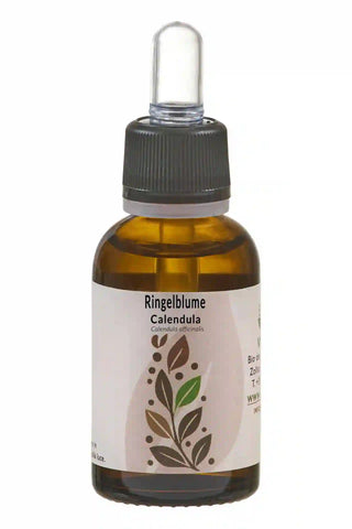 Flacone ambrato da 30 ml con contagocce trasparente; etichetta “Ringelblume / Calendula – Calendula officinalis”, design foglie stilizzate su fondo bianco.
