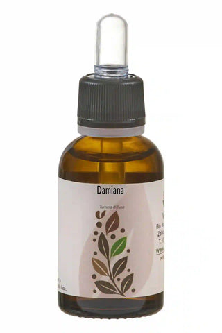 Flacone ambrato 30 ml, contagocce trasparente; etichetta minimal “Damiana – Turnera diffusa” su fondo bianco.