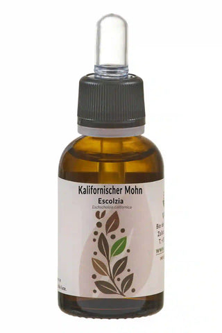 Flacone ambrato 30 ml, contagocce trasparente; etichetta “Kalifornischer Mohn / Escolzia – Eschscholzia californica”.