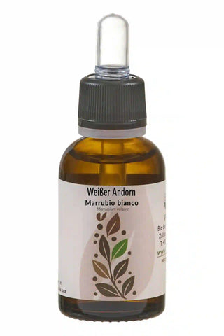 Flacone ambrato 30 ml, contagocce trasparente; etichetta “Weißer Andorn / Marrubio bianco – Marrubium vulgare”, stile erboristico pulito.