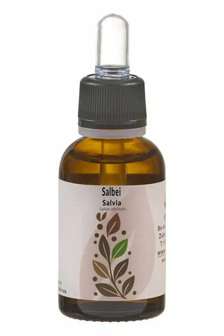 Flacone ambrato 30 ml con contagocce; etichetta “Salbei / Salvia – Salvia officinalis”, grafica naturale sobria.