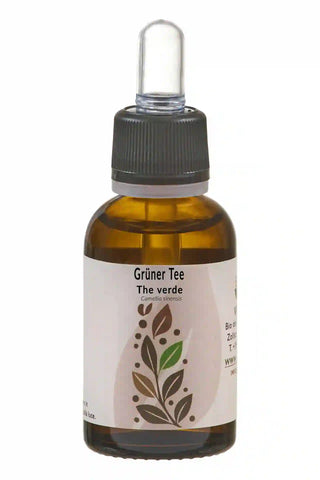 Flacone ambrato 30 ml con contagocce; etichetta “Grüner Tee / Tè verde – Camellia sinensis”, design minimal.