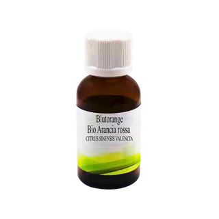 Un flacone ambrato 30 ml arance rosse con tappo bianco ed etichetta verde, fotografato su sfondo bianco.