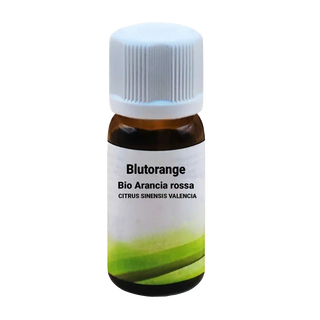 Un piccolo flacone 10 ml Arancia Rossa ambrato con un'etichetta verde e bianca, probabilmente un olio essenziale o un integratore, su sfondo bianco.