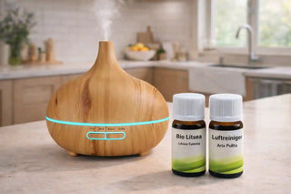 Litsea cubeba Bio per la freschezza e la miscela "Aria Pulita" per purificare l'ambiente – due profumi con il nostro diffusore a ultrasuoni da 400ml