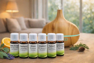 Arancia, Eucalipto, Limone, Pino Cembro, Tea Tree e Pino Mugo – sei oli essenziali bio con il nostro diffusore a ultrasuoni da 400ml.