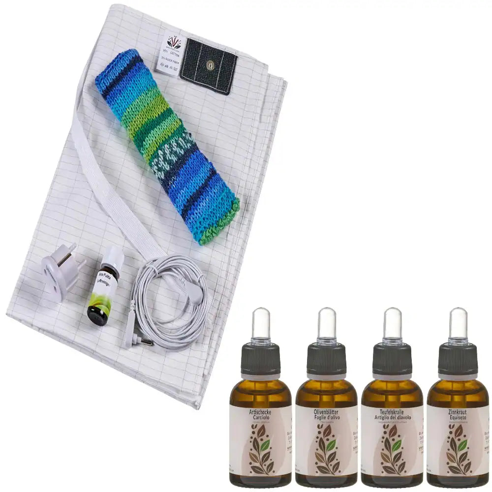 Kit Premium grounding – Lenzuolo d'argento Geosan con cuscino alle erbe e 4 estratti vegetali (equiseto, artiglio del diavolo, carciofo, olivo)