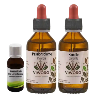 Set Viworo con olio di Lavanda Bio (Lavandula hybrida), estratto di Camomilla e estratto di Passiflora.