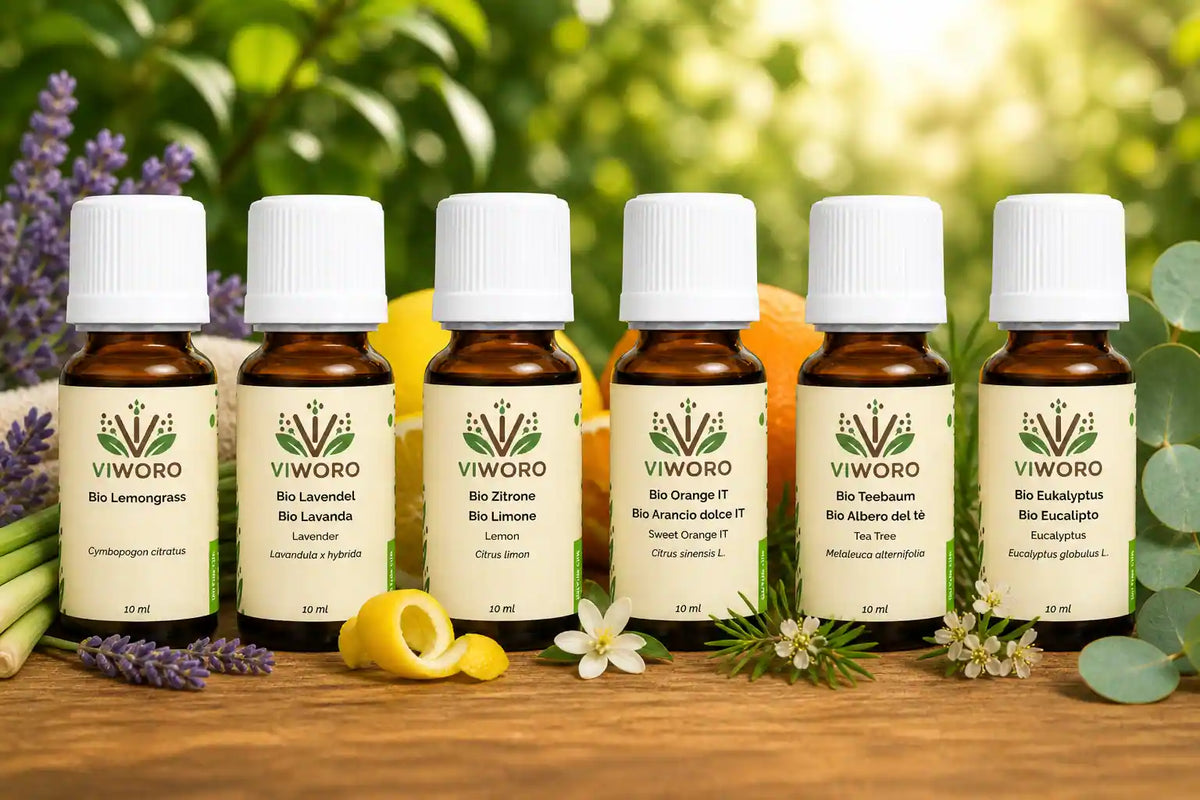 Set of 6 organic essential oil bottles by Viworo – Eucalyptus, Sweet Orange, Lemon, Lemongrass, Tea Tree, and True Lavender