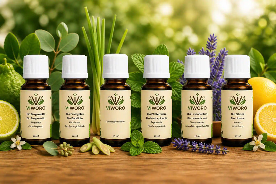 Set Estivo di Bio Viworo da 10 ml: Bergamotto, Eucalipto, Lemongrass, Menta piperita, Lavanda vera e Limone — fragranze fresche e vivaci per l'estate.