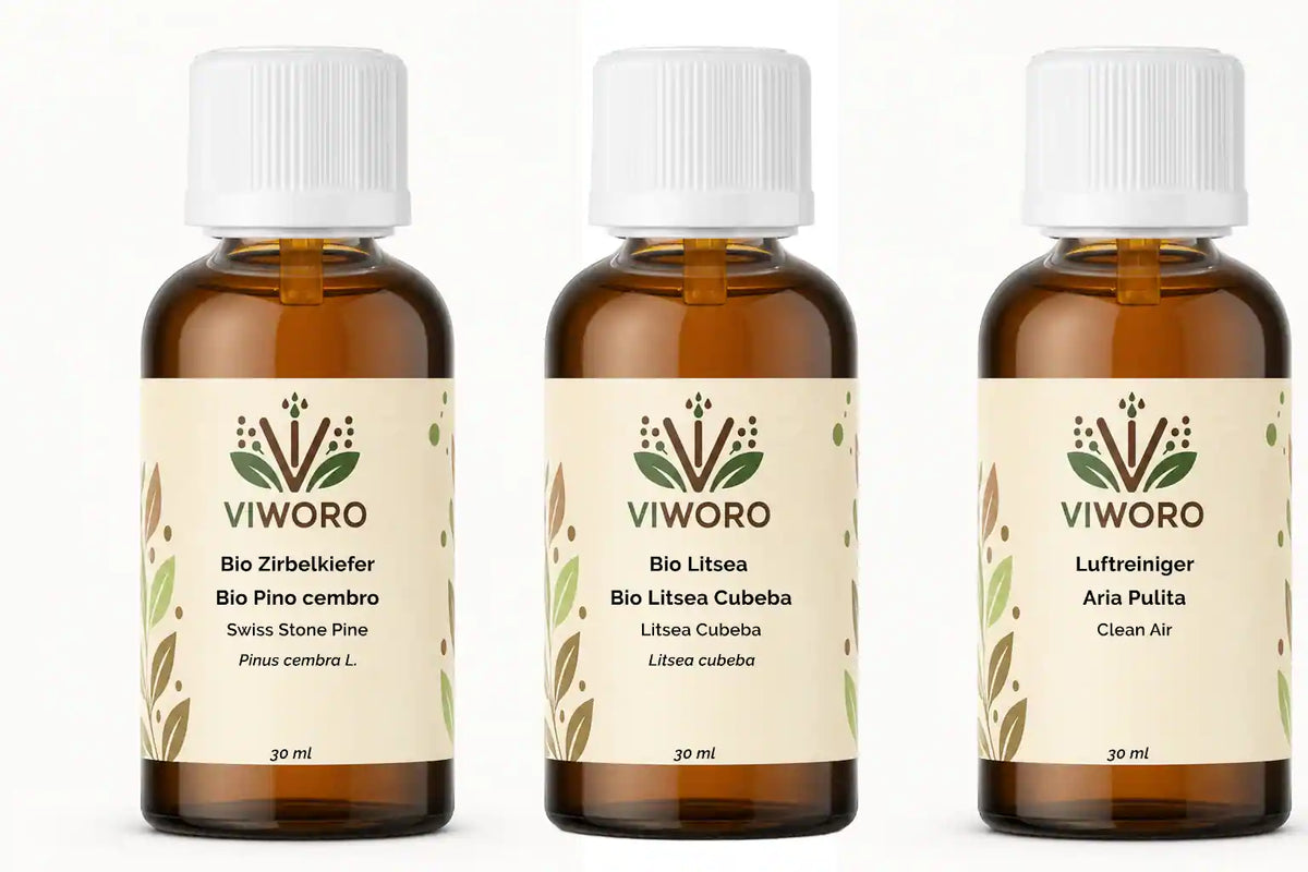 Set ätherische Öle: Zirbe Bio, Litsea Cubeba Bio und Luftreiniger