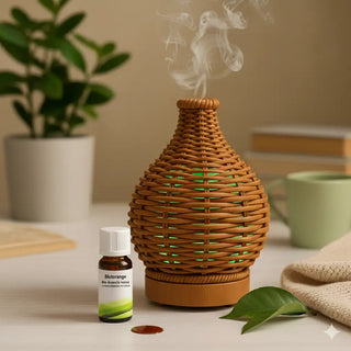 Un vaso o una damigiana con un rivestimento intrecciato su un tavolo, con piante e una finestra sullo sfondo.