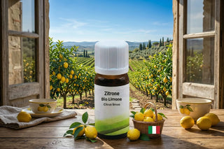 Olio essenziale di limone Bio Viworo con limoni freschi e vista su limoneto italiano
