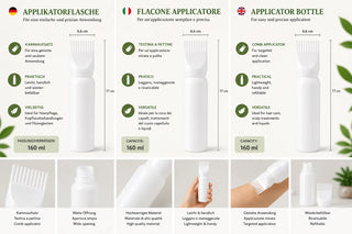 Flacone applicatore con pettine: caratteristiche e dimensioni (160 ml, 17 cm)