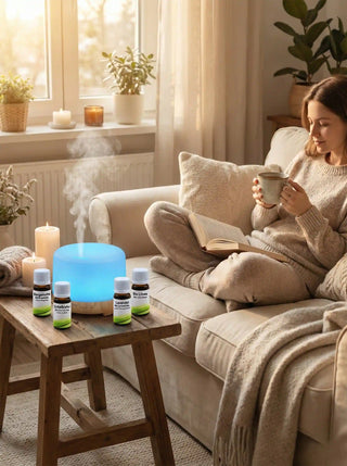 Una donna si rilassa sul divano leggendo un libro in un salotto accogliente, con il diffusore di aromi Viworo acceso sul tavolino.