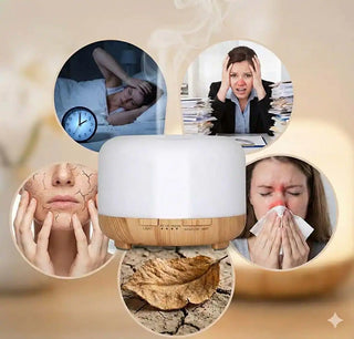Illustrazione dei benefici del diffusore e umidificatore: aiuta contro problemi di sonno, stress, pelle secca e congestione nasale.