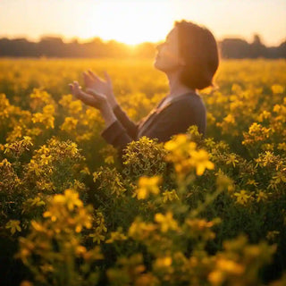 Donna in un campo di Iperico al tramonto, che gode di un momento di pace e benessere.
