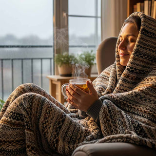 Donna avvolta in una coperta che si gode una tazza di tisana calda in una giornata fredda, simbolo di benessere invernale.