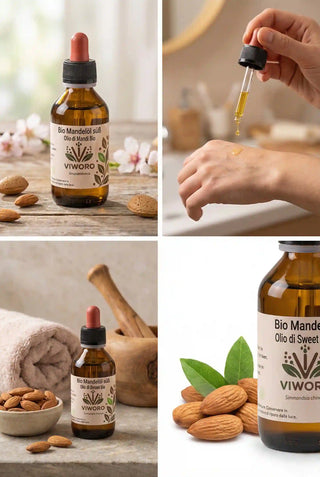 Collage che mostra l'uso dell'olio di mandorle per la cura del viso e come base per massaggi.