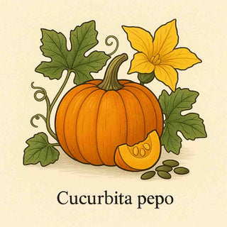 Illustrazione botanica della Cucurbita pepo con zucca arancione e semi naturali