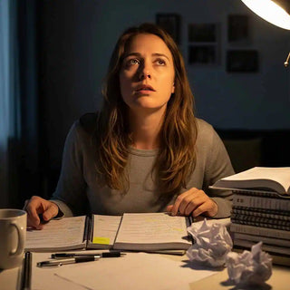 Una donna che sperimenta un blocco mentale e frustrazione mentre cerca di studiare.