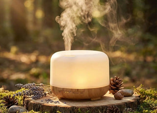 Diffusore Viworo in un ambiente naturale nel bosco con luce calda, che emette vapore per un'atmosfera rilassante di benessere.