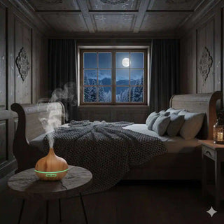 Diffusore acceso su un comodino in una camera da letto di notte, per un sonno riposante.