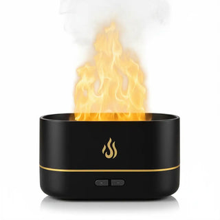 Diffusore di aromi nero con un realistico effetto fiamma creato dal vapore illuminato.