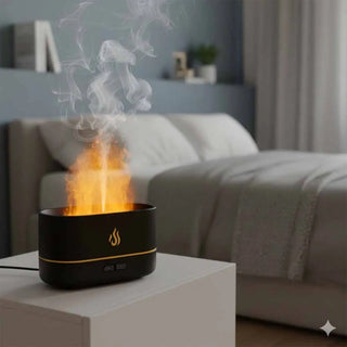 Diffusore ad effetto fiamma posizionato su un comodino in una camera da letto moderna.