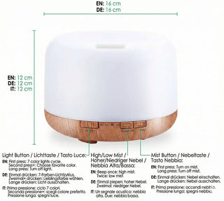 Diffusore lampada 500ml con dimensioni e spiegazione dei tasti in 3 lingue
