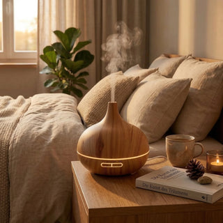 Diffusore a ultrasuoni chiaro sul comodino in camera da letto con libro e candela