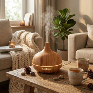 Diffusore a ultrasuoni chiaro in soggiorno con coperta e tazza di te