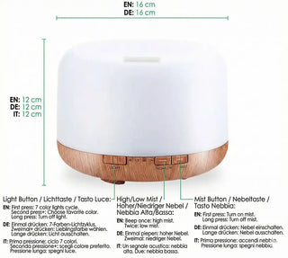 Schema tecnico che mostra le dimensioni (altezza e larghezza) e le funzioni dei tasti del diffusore di aromi da 500ml.