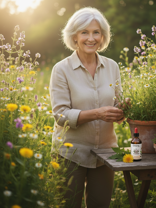 Una donna vitale sorride in un prato fiorito estivo, tenendo in mano un flacone del Quartetto Vitale Viworo.