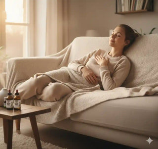 Una donna che si rilassa serenamente sul divano in una stanza luminosa, un momento di pace e rituale serale.