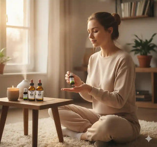 Una donna sorridente seduta in un ambiente accogliente mentre si gode una tazza di bevanda calda, simbolo dell'equilibrio serale.