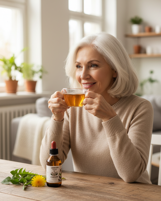 Una donna sorridente si gode una tazza di bevanda calda, con accanto sul tavolo un flacone di estratto di Tarassaco Viworo e un fiore fresco di tarassaco.