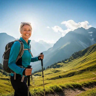 Donna over 40 sorridente e attiva durante un'escursione in un paesaggio alpino, simbolo di vitalità.