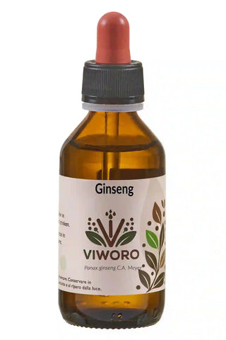 Flacone da 100 ml di estratto liquido di Ginseng (Panax ginseng) con contagocce rosso.